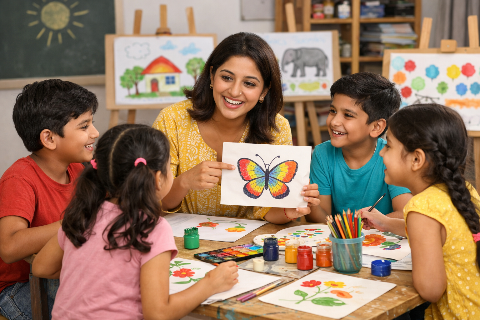 Happy Learning - Art class with teacher and children